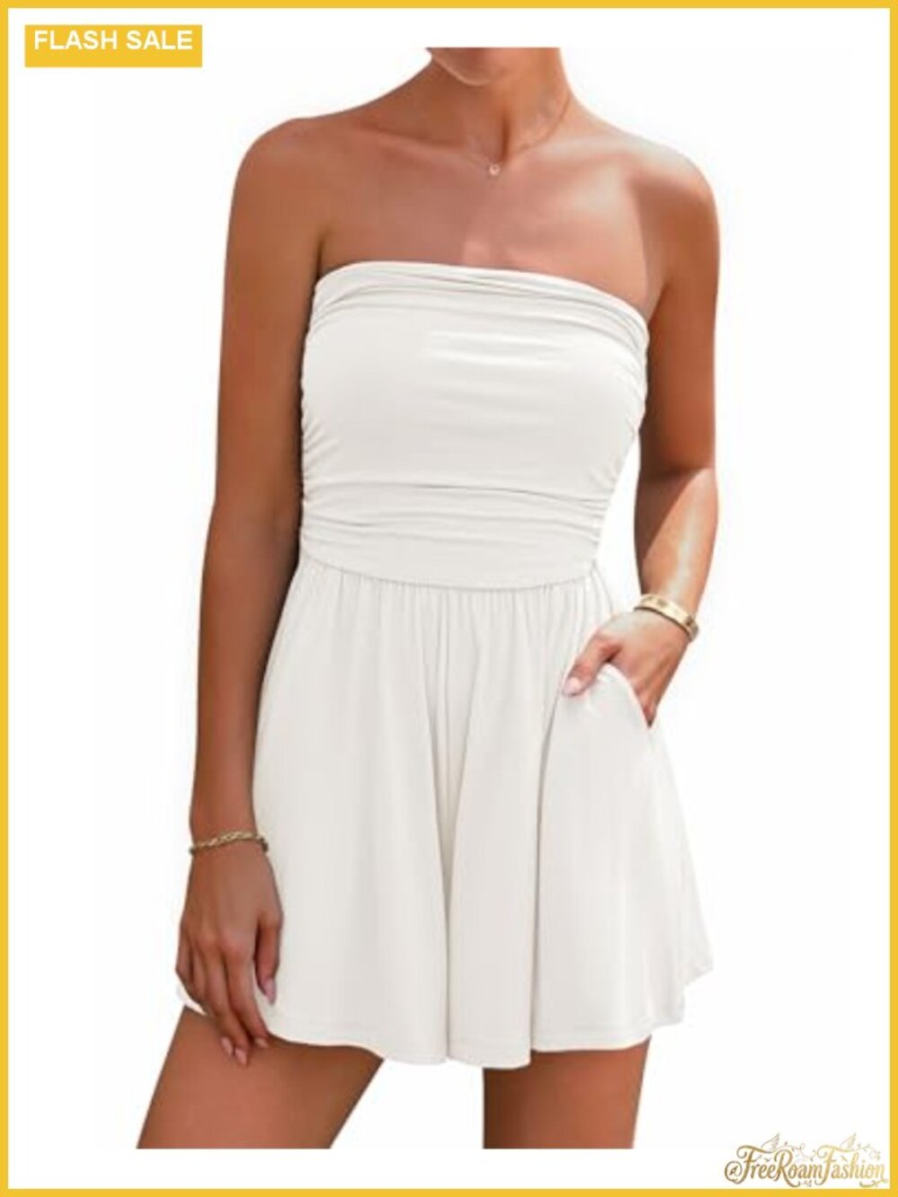 Strapless Boho Women's Romper with Ruched Details Short Jumpsuit Summer
